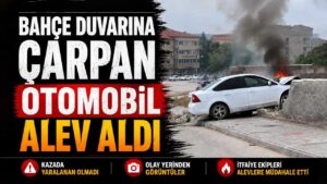 Bahçe duvarına çarpan otomobil alev aldı